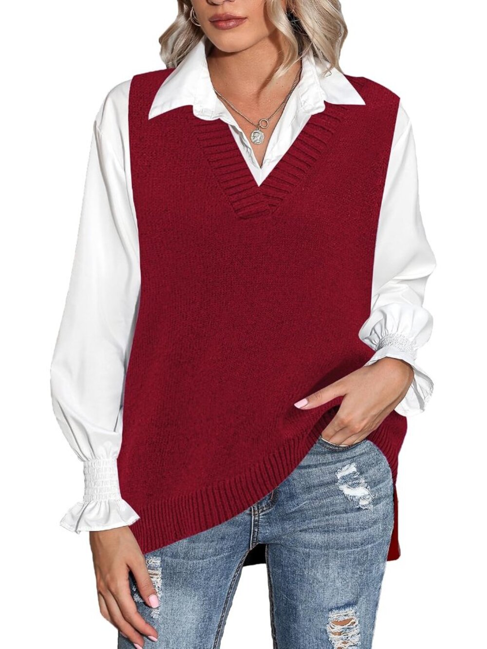 Trendy Women’s Sleeveless Oversized V-Neck Sweater Vest for Fall & Winter